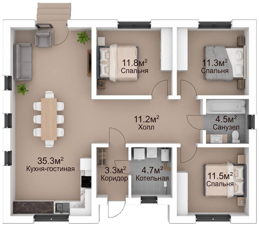Планировка дома 105 м² с площадями комнат