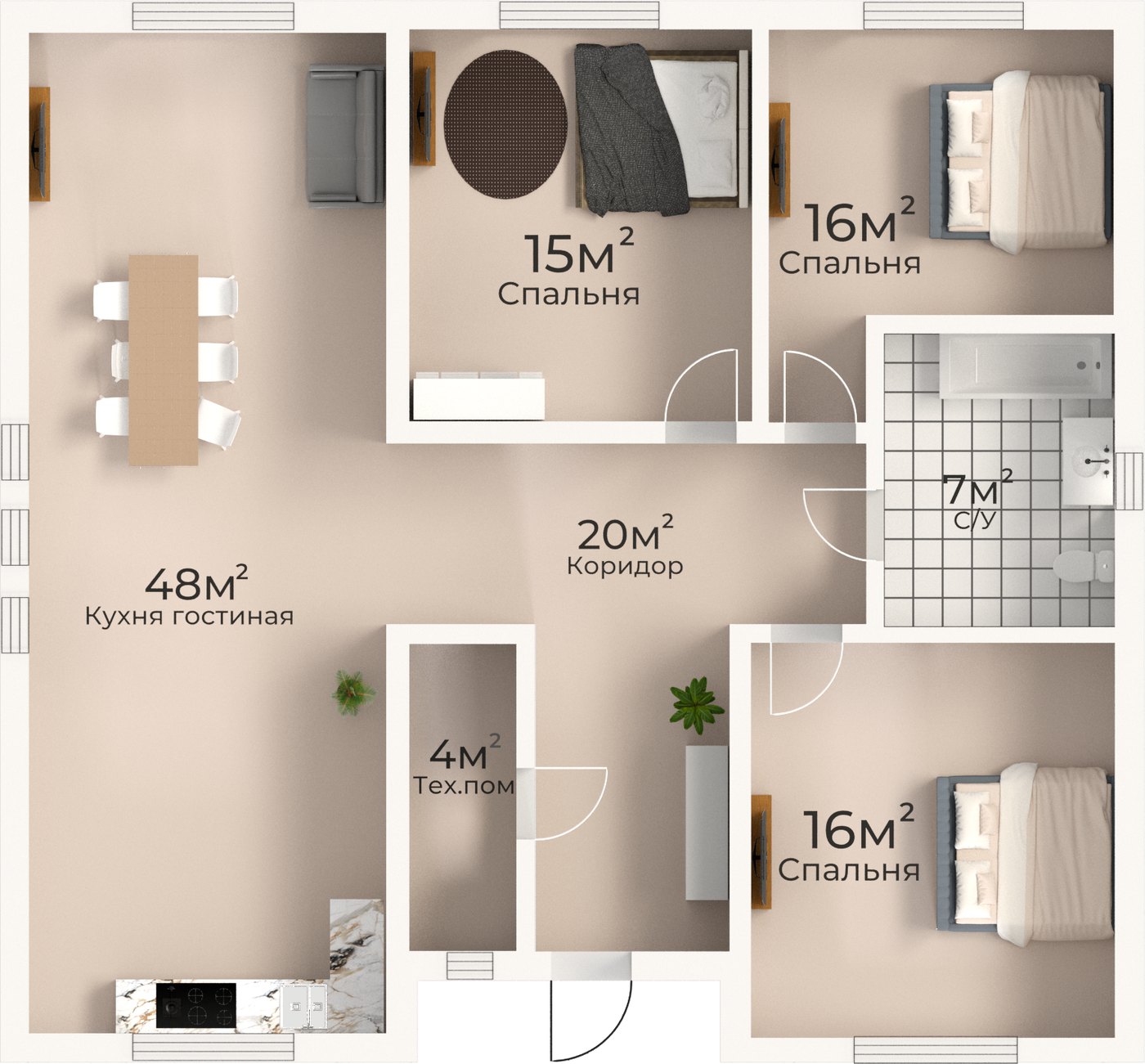 Планировка дома 120 м² с площадями комнат