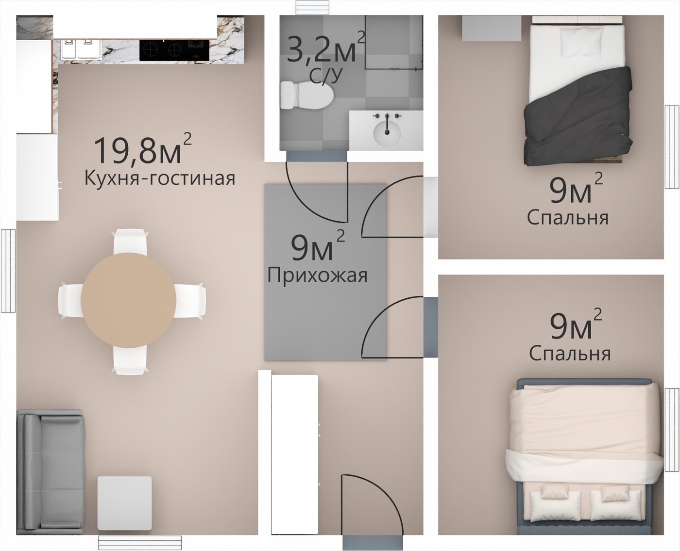 Планировка дома 50 м² с площадями комнат