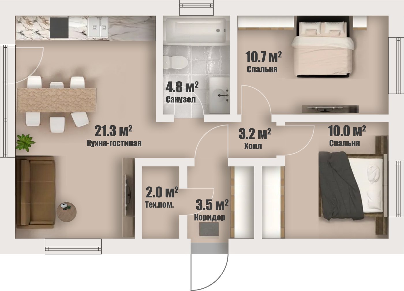 Планировка дома 60 м² с площадями комнат