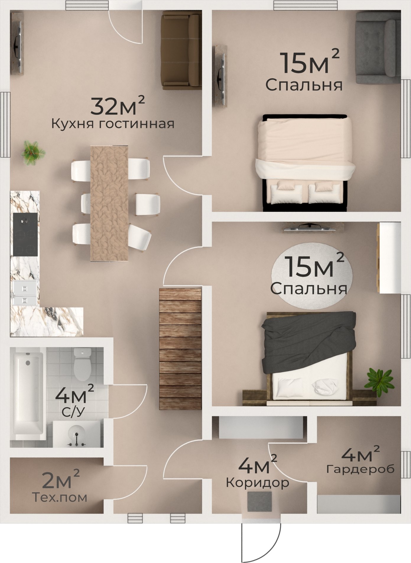 Планировка дома 75 м² с площадями комнат