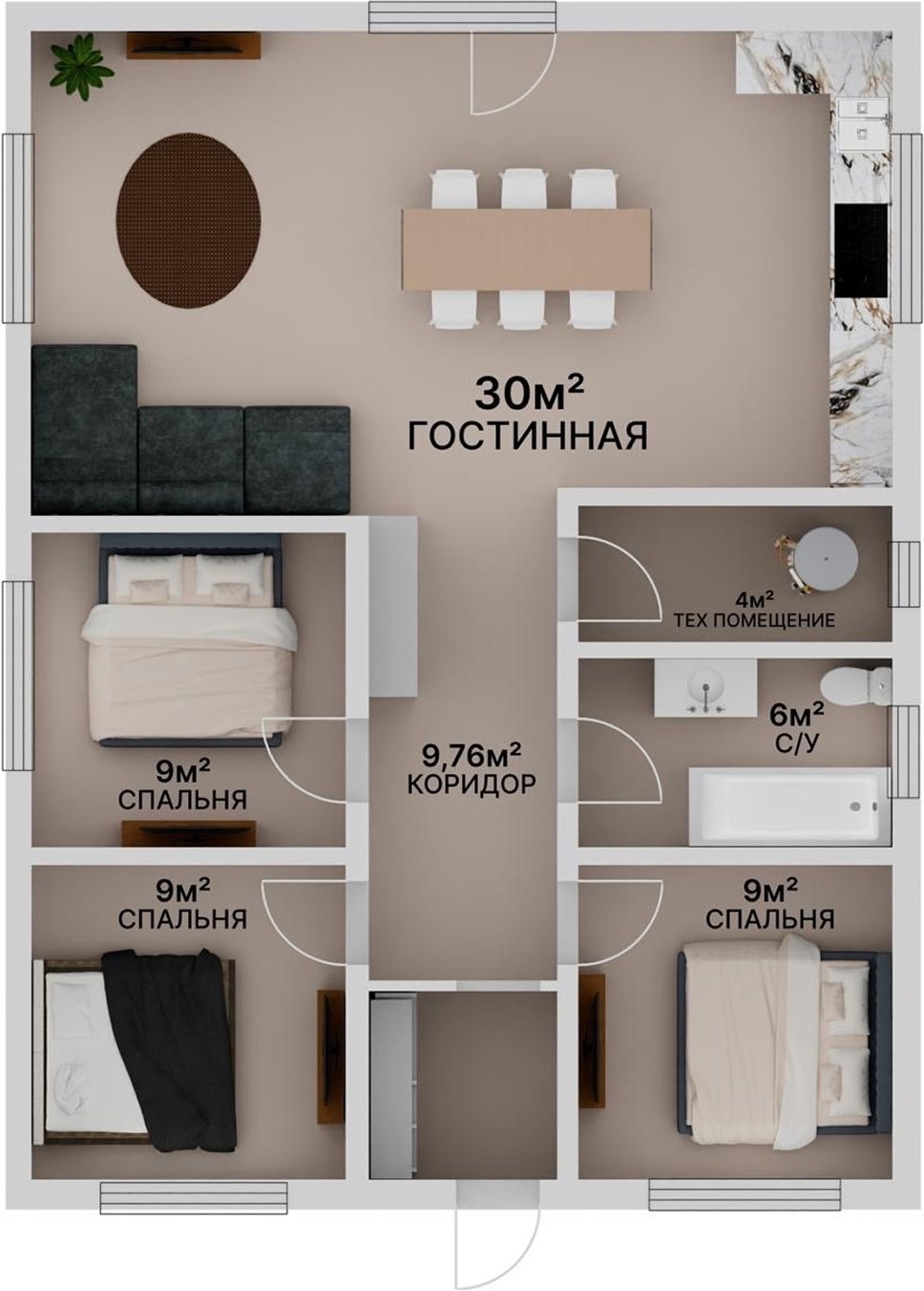 Планировка дома 80 м² с площадями комнат