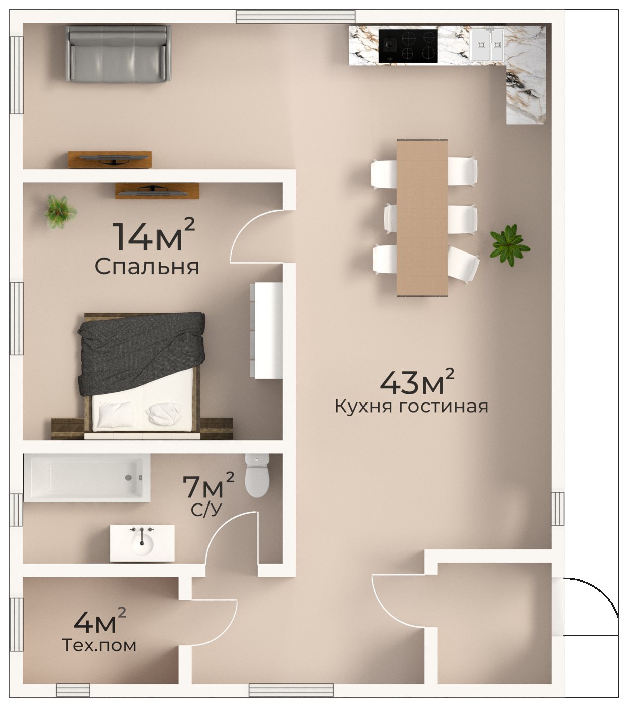 Планировка дома 75 м²: одна спальня и кухня-гостиная 43 м²