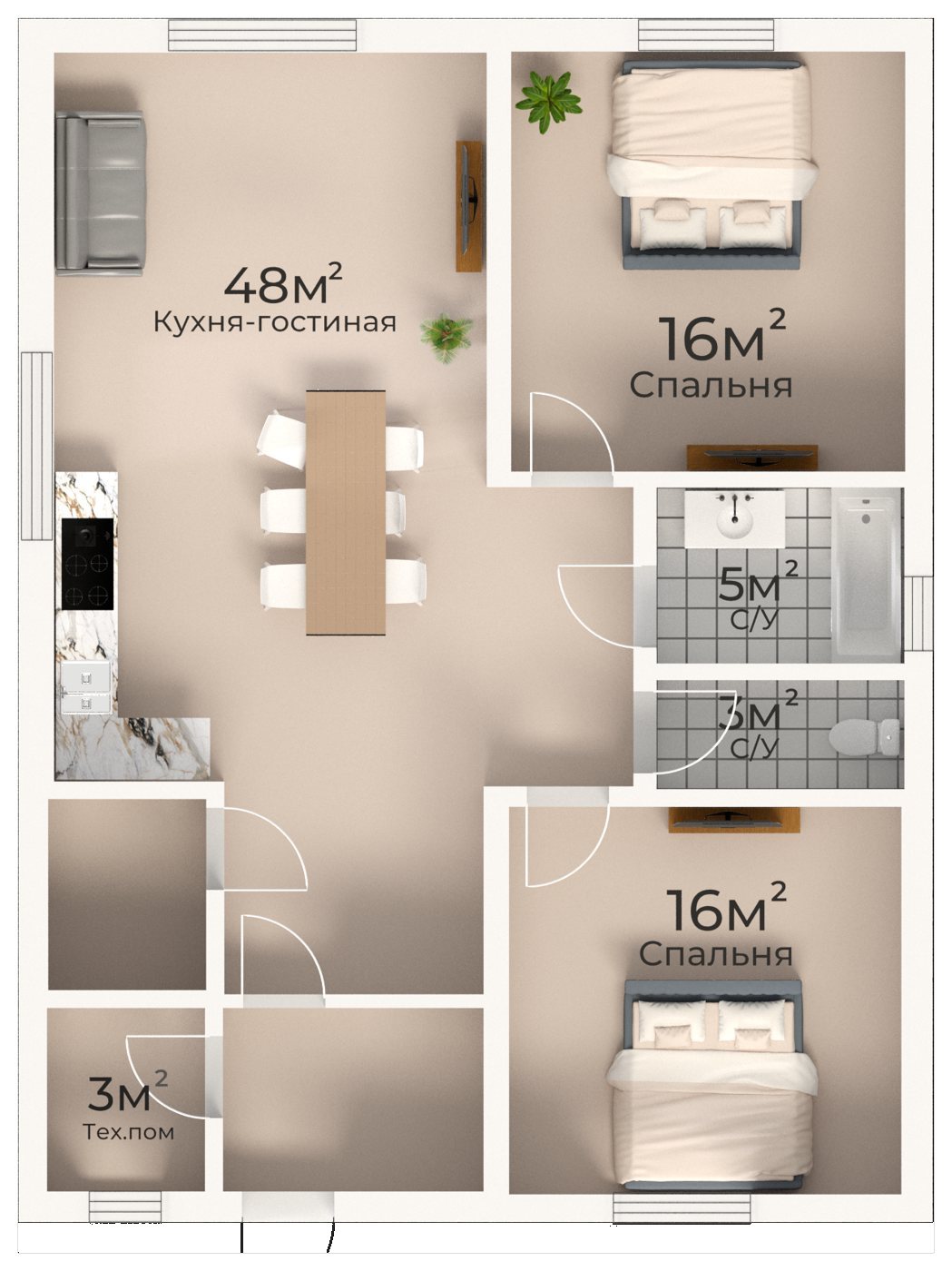 Планировка дома 75 м²: два санузла и кухня-гостиная 48 м²